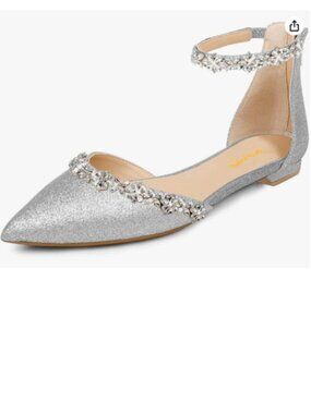 XYD Silver-glitter Pointed Toe D'Orsay Wedding Flat Sandals Sparkly Shoes
